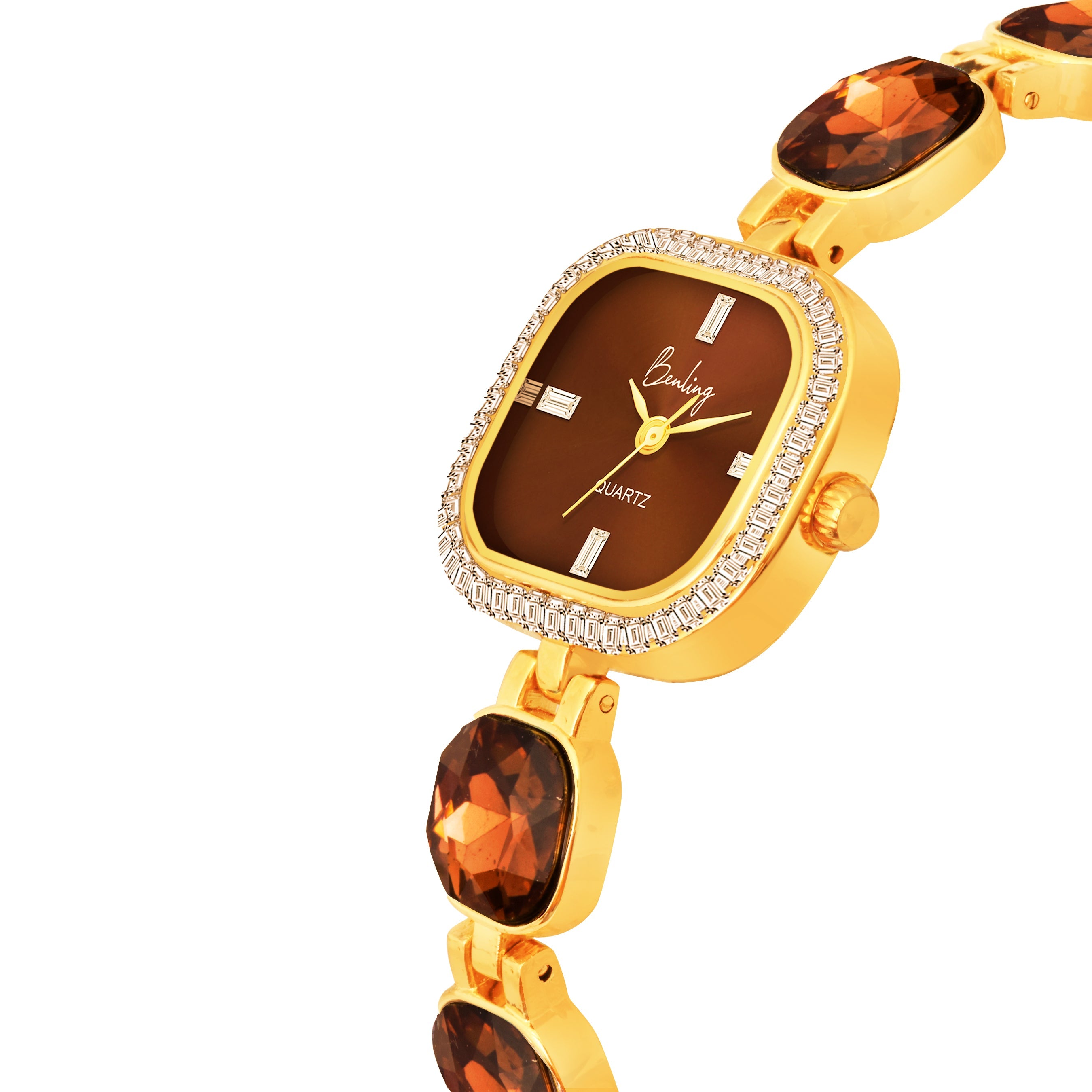 Benling Women's Quartz Watch with Gold Bracelet and Crystal Accents - Gift Set with Pearl Box and Bracelet