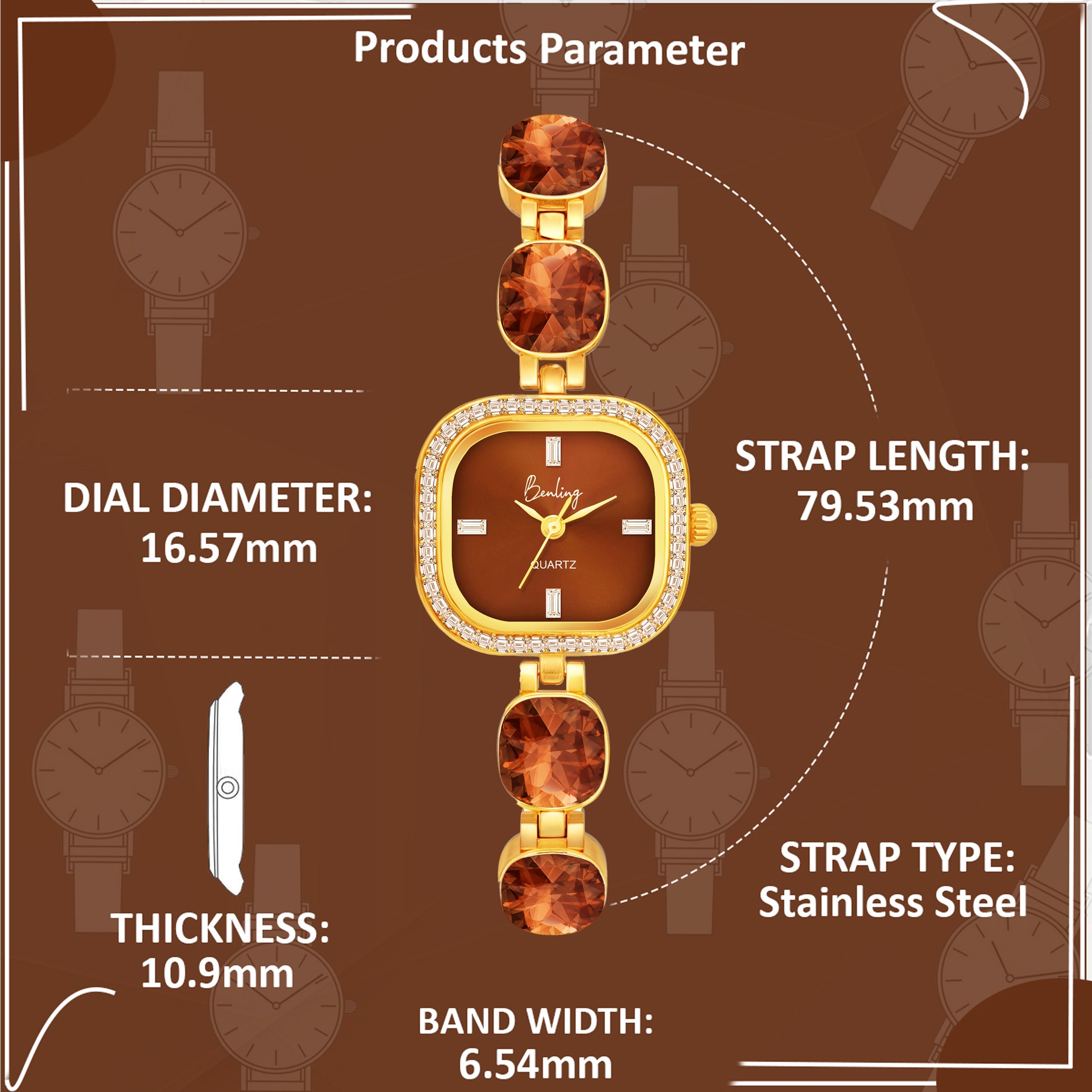 Benling Women's Quartz Watch with Gold Bracelet and Crystal Accents - Gift Set with Pearl Box and Bracelet