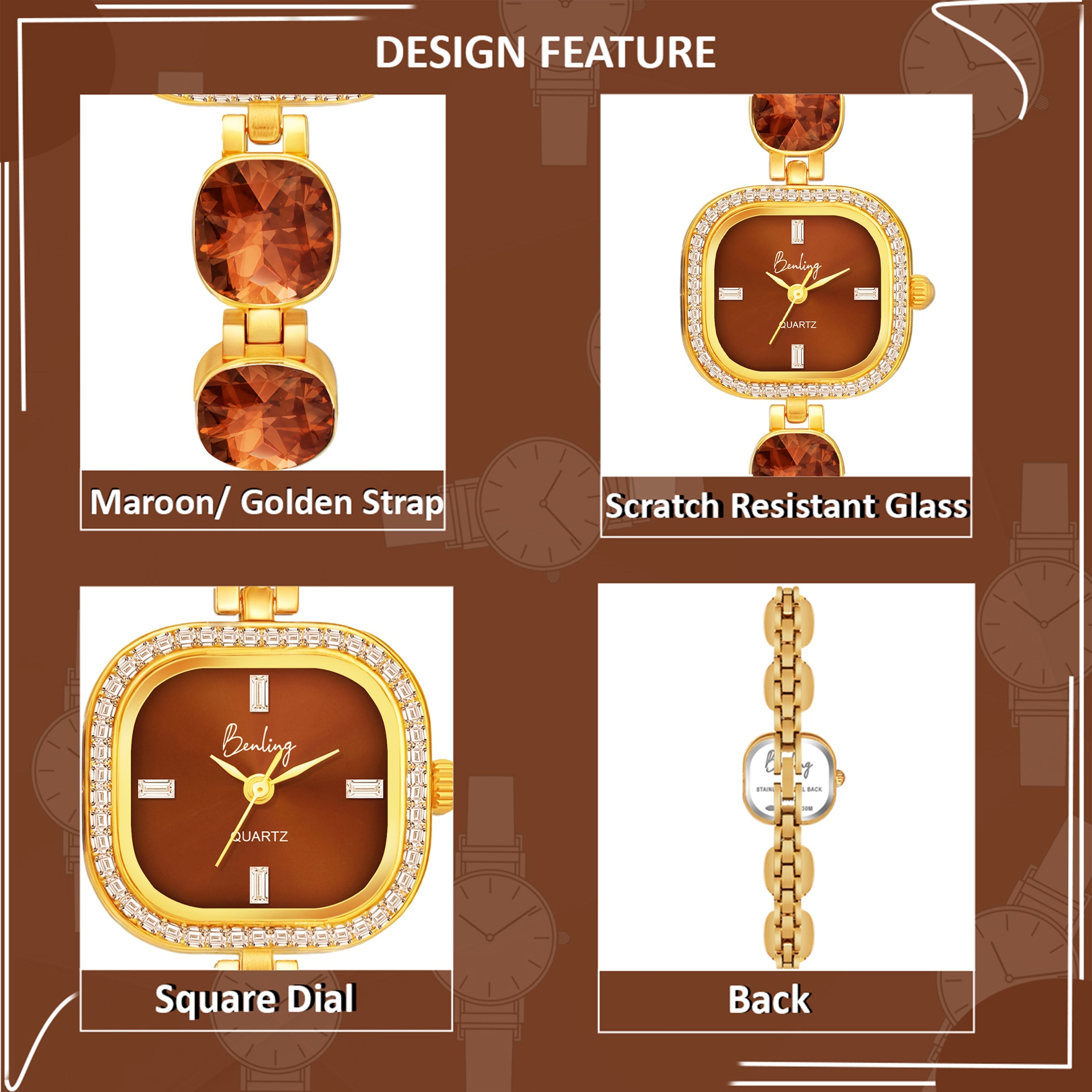 Benling Women's Quartz Watch with Gold Bracelet and Crystal Accents - Gift Set with Pearl Box and Bracelet