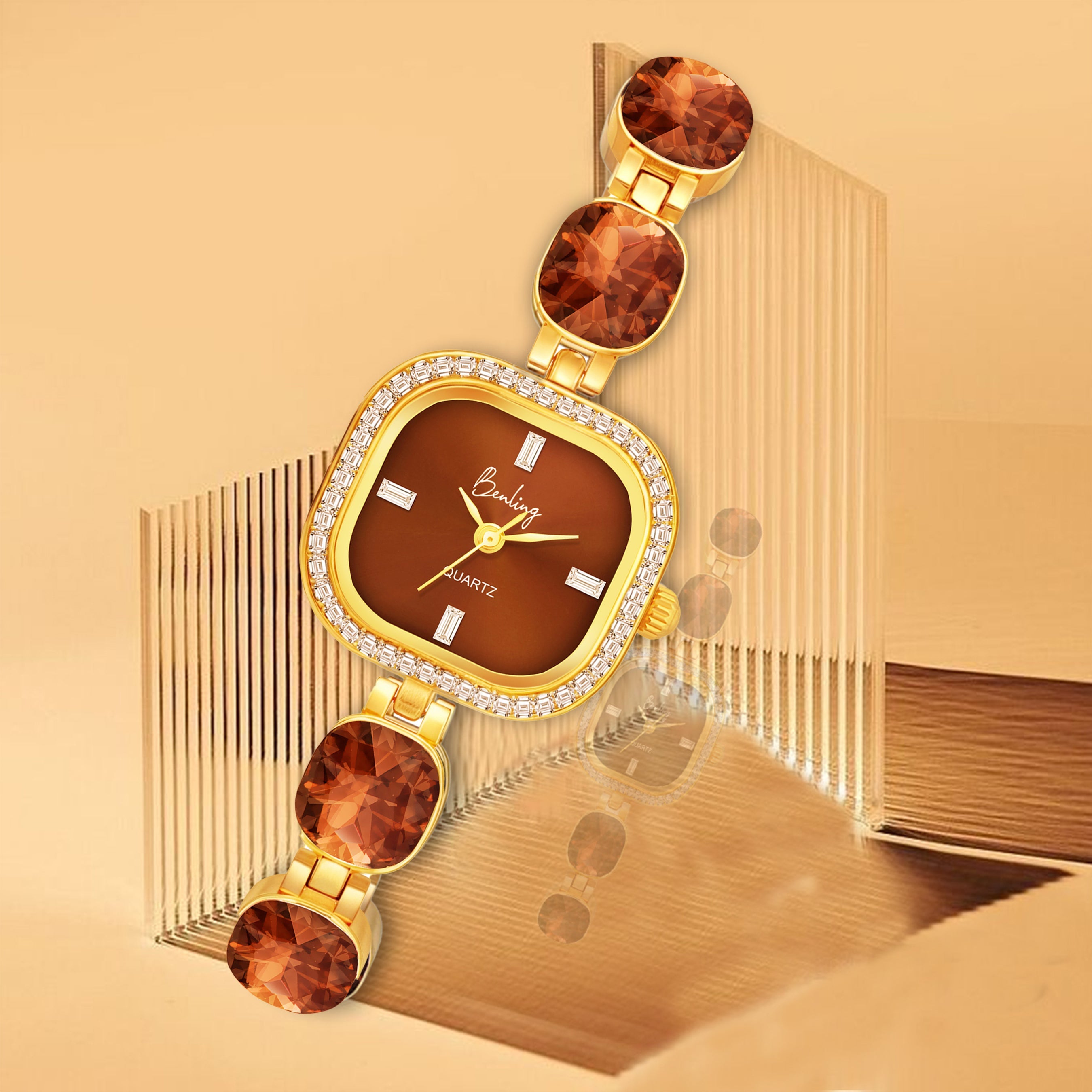 Benling Women's Quartz Watch with Gold Bracelet and Crystal Accents - Gift Set with Pearl Box and Bracelet