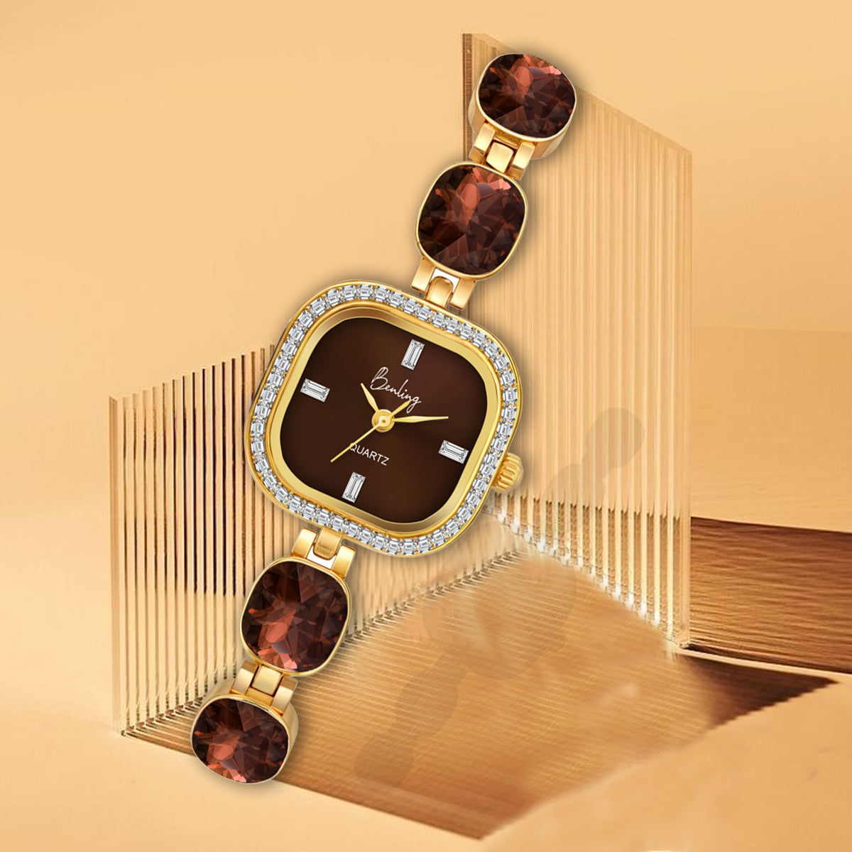 Benling Women's Quartz Watch with Gold Bracelet and Crystal Accents - Gift Set with Pearl Box and Bracelet