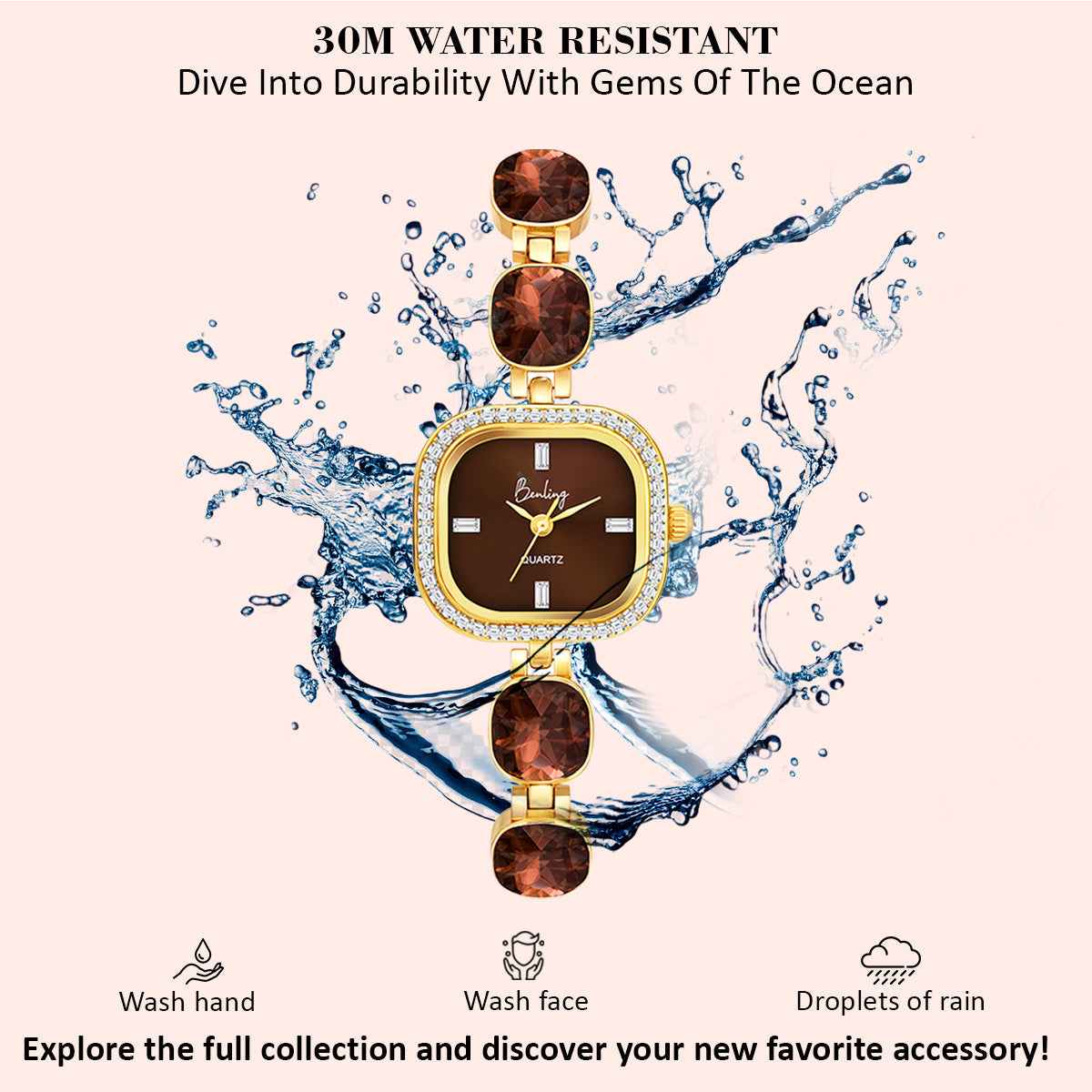 Benling Women's Quartz Watch with Gold Bracelet and Crystal Accents - Gift Set with Pearl Box and Bracelet