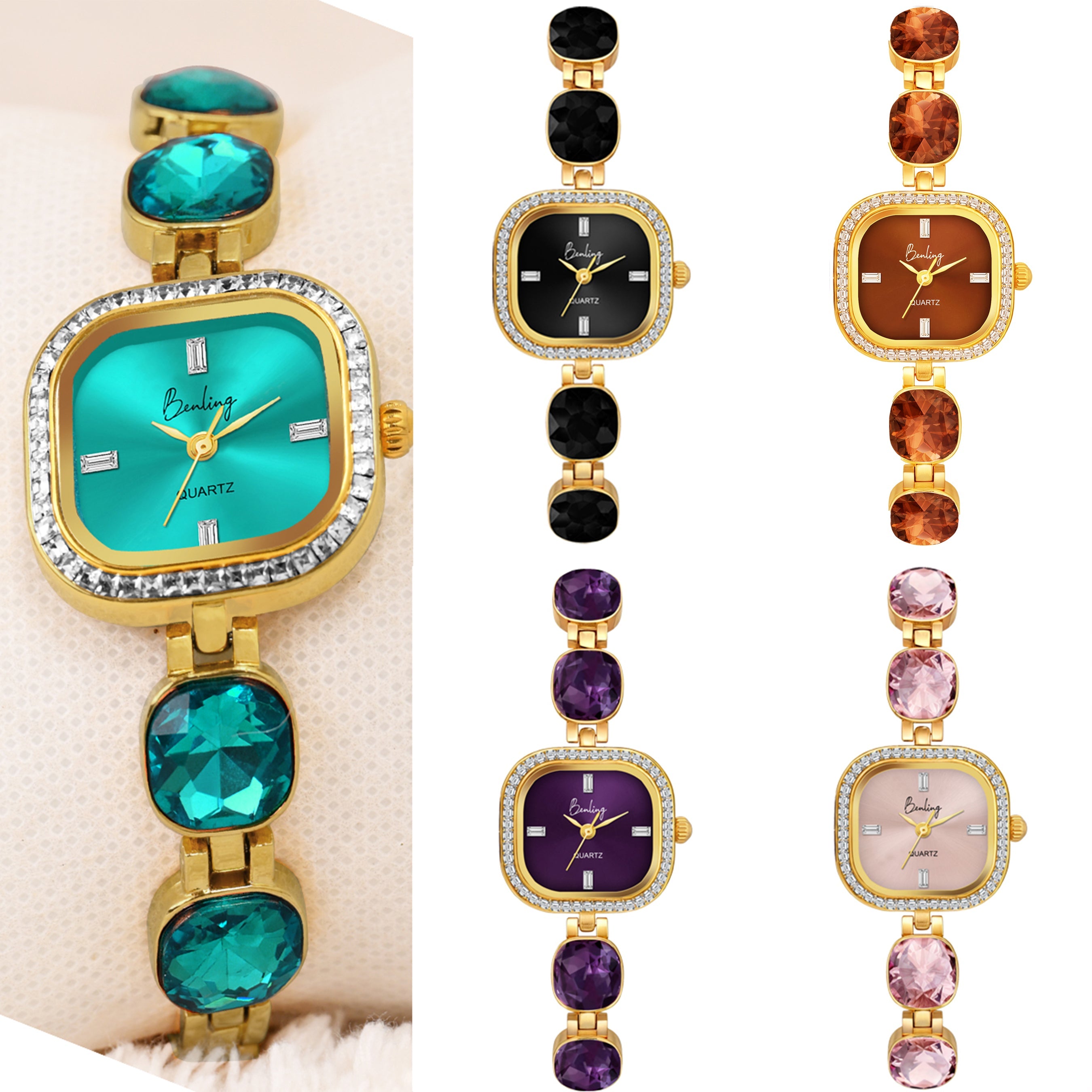 Benling Women's Quartz Watch with Gold Bracelet and Crystal Accents - Gift Set with Pearl Box and Bracelet