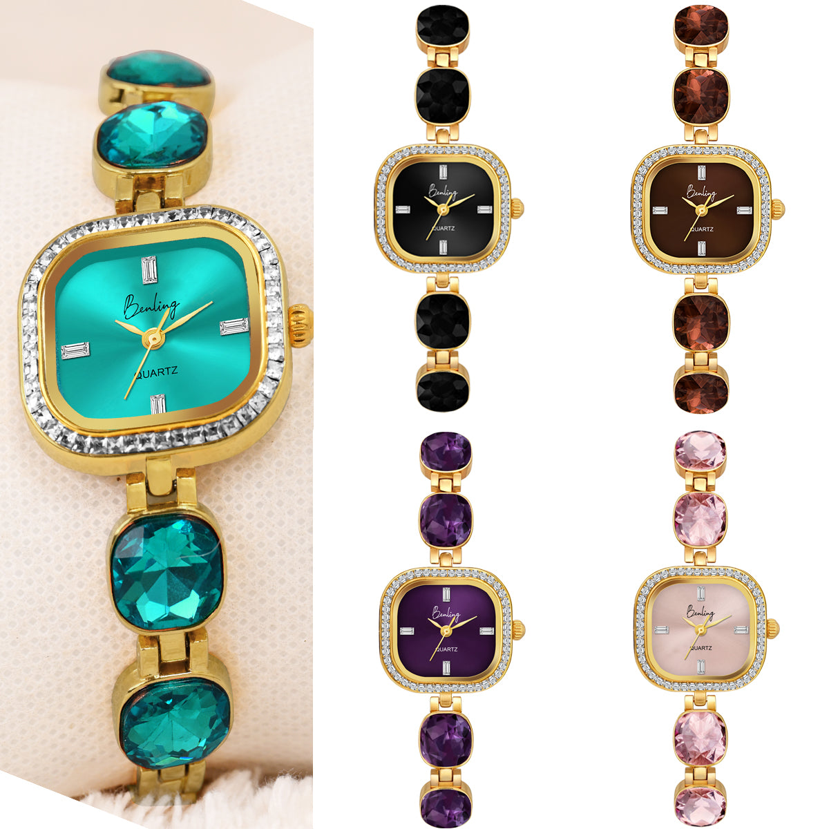 Benling Women's Quartz Watch with Gold Bracelet and Crystal Accents