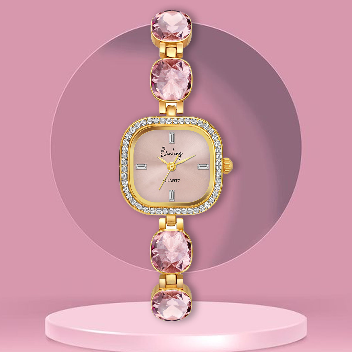 Benling Women's Quartz Watch with Gold Bracelet and Crystal Accents - Gift Set with Pearl Box and Bracelet