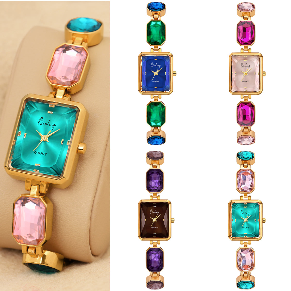 Benling Square Gemstone Dial Watch - Luxurious Wrist Watch for Women