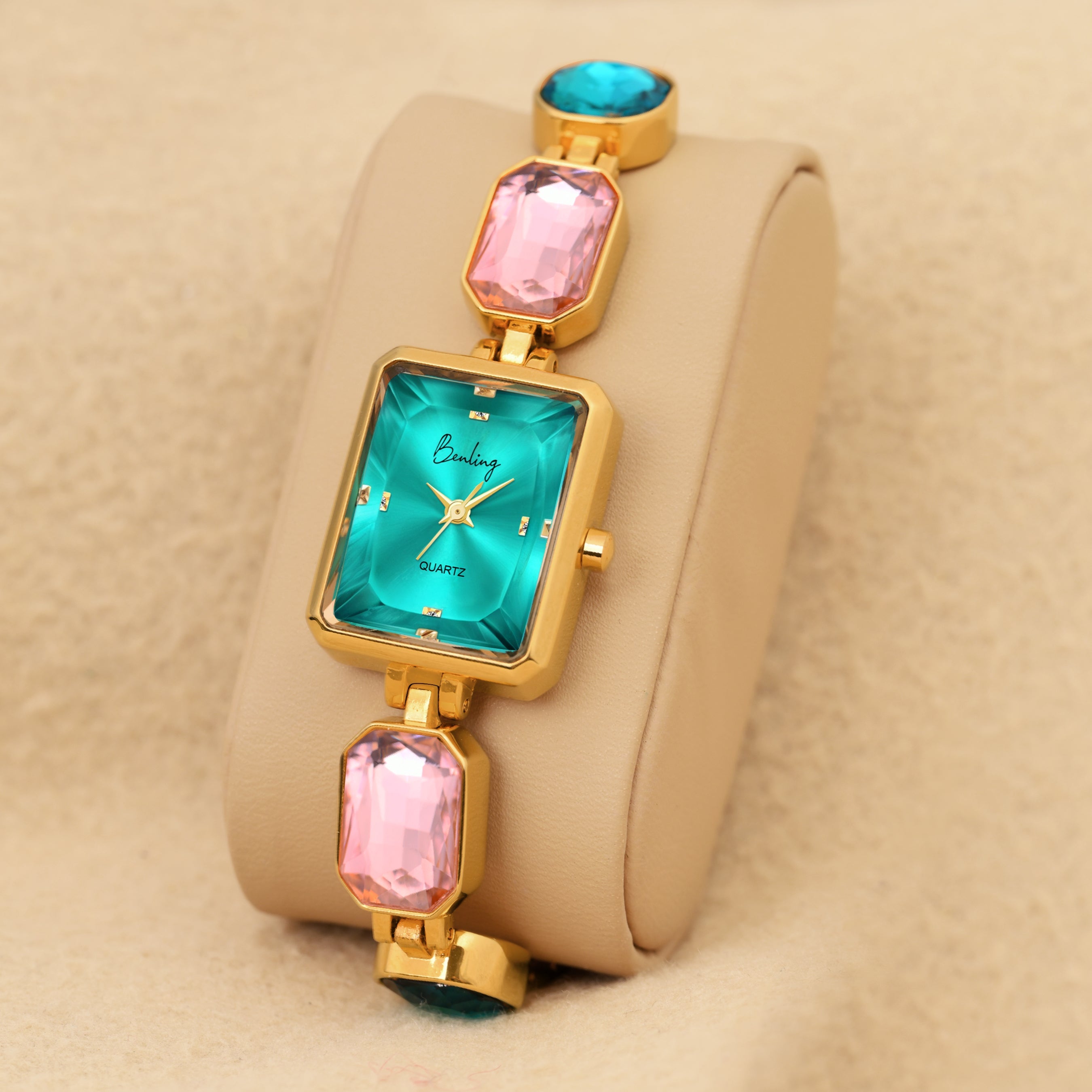 Benling Square Gemstone Dial Watch - Gift Set with Pearl Box and Bracelet