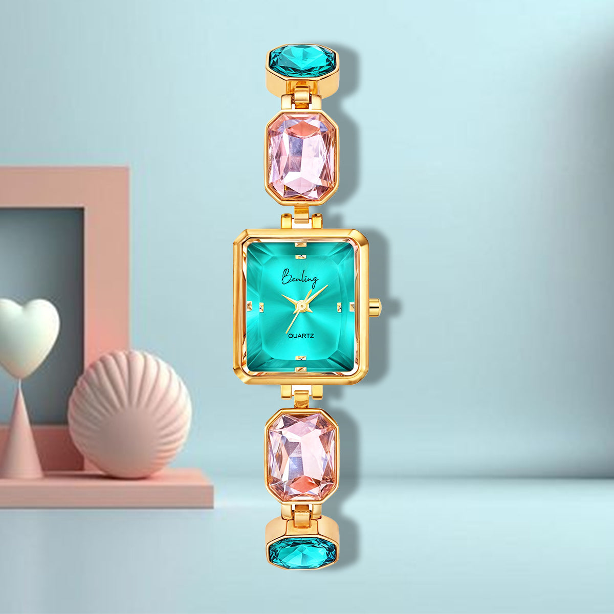 Benling Square Gemstone Dial Watch - Gift Set with Pearl Box and Bracelet