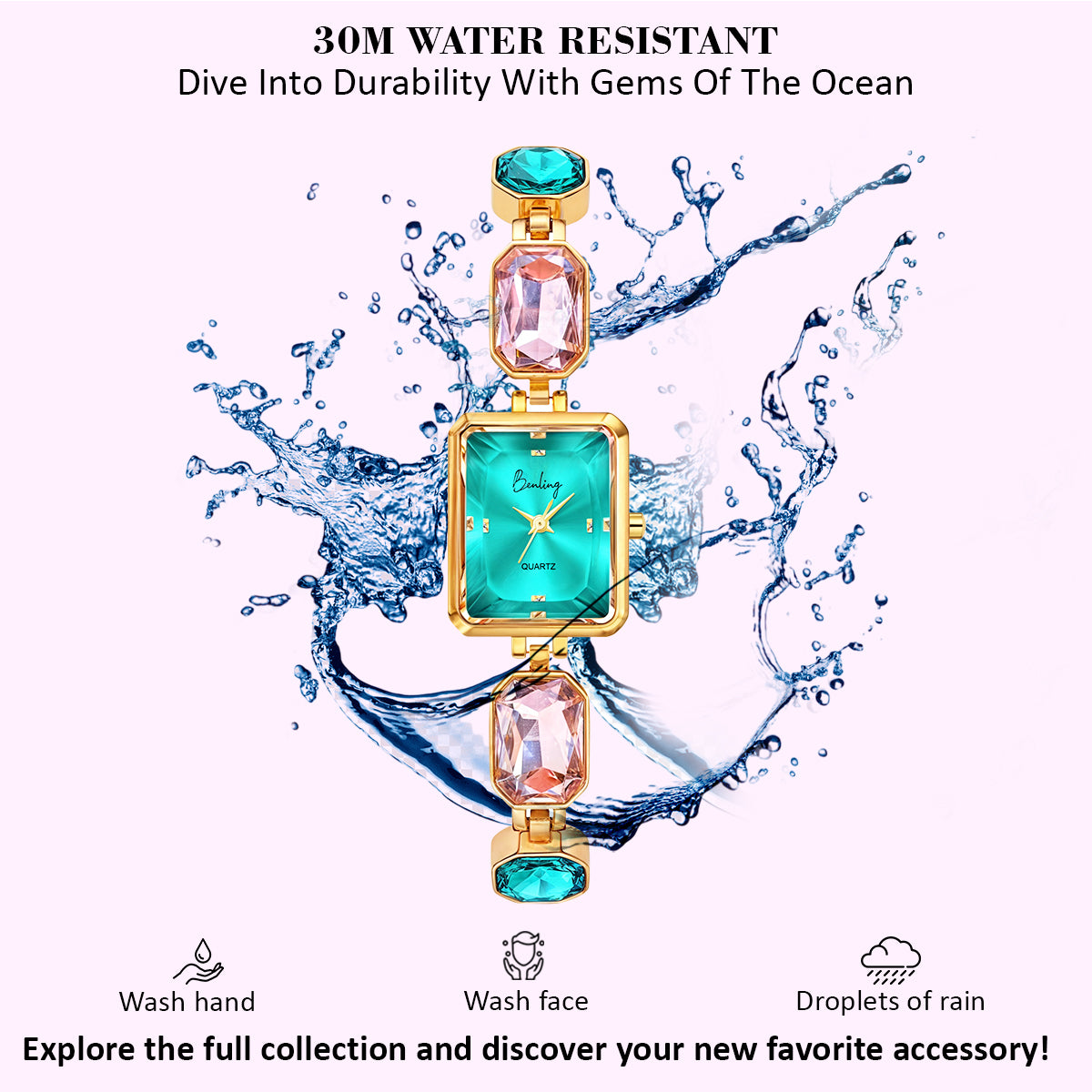 Benling Square Gemstone Dial Watch - Luxurious Wrist Watch for Women