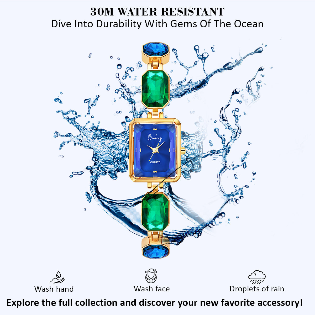 Benling Square Gemstone Dial Watch - Gift Set with Pearl Box and Bracelet