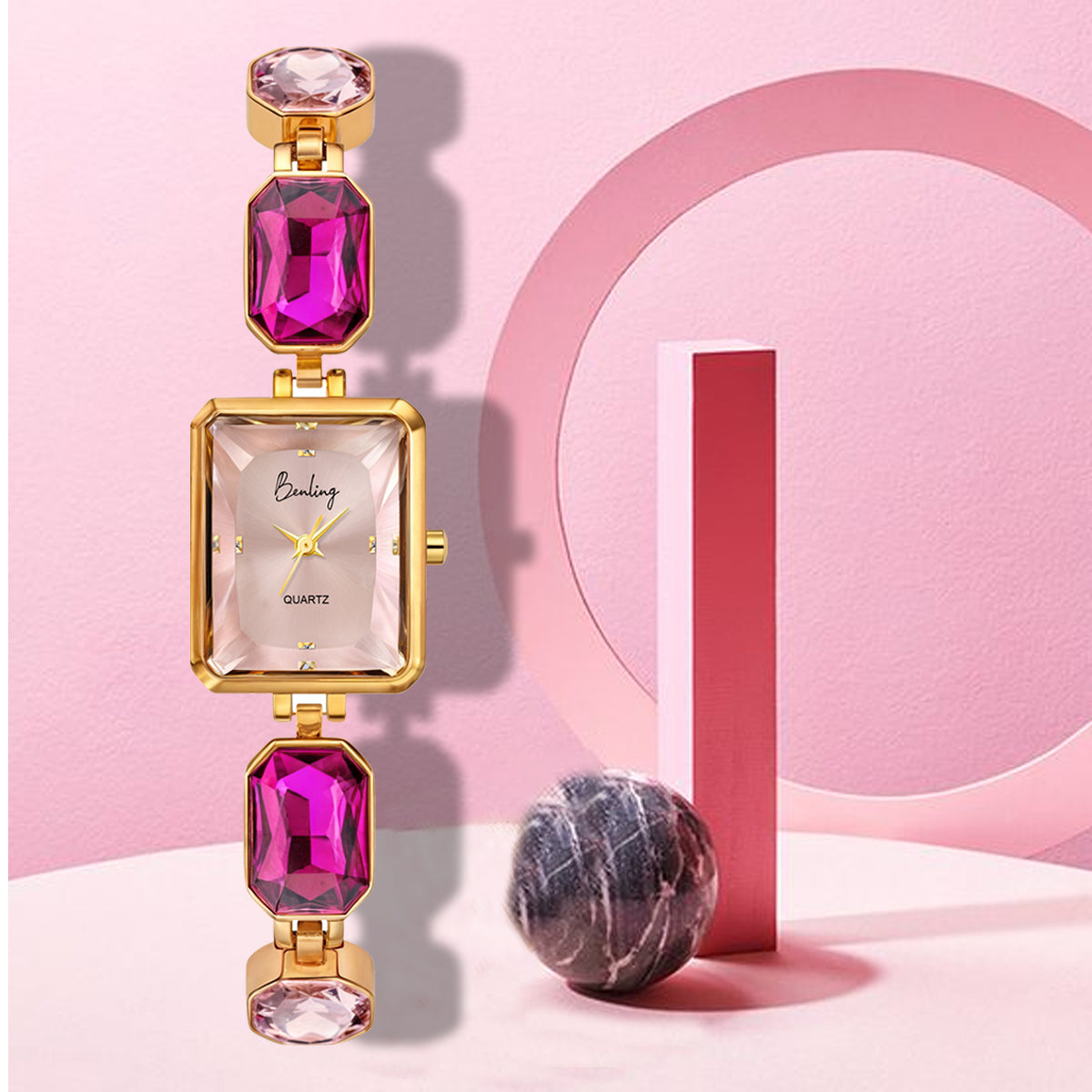 Benling Square Gemstone Dial Watch - Gift Set with Pearl Box and Bracelet