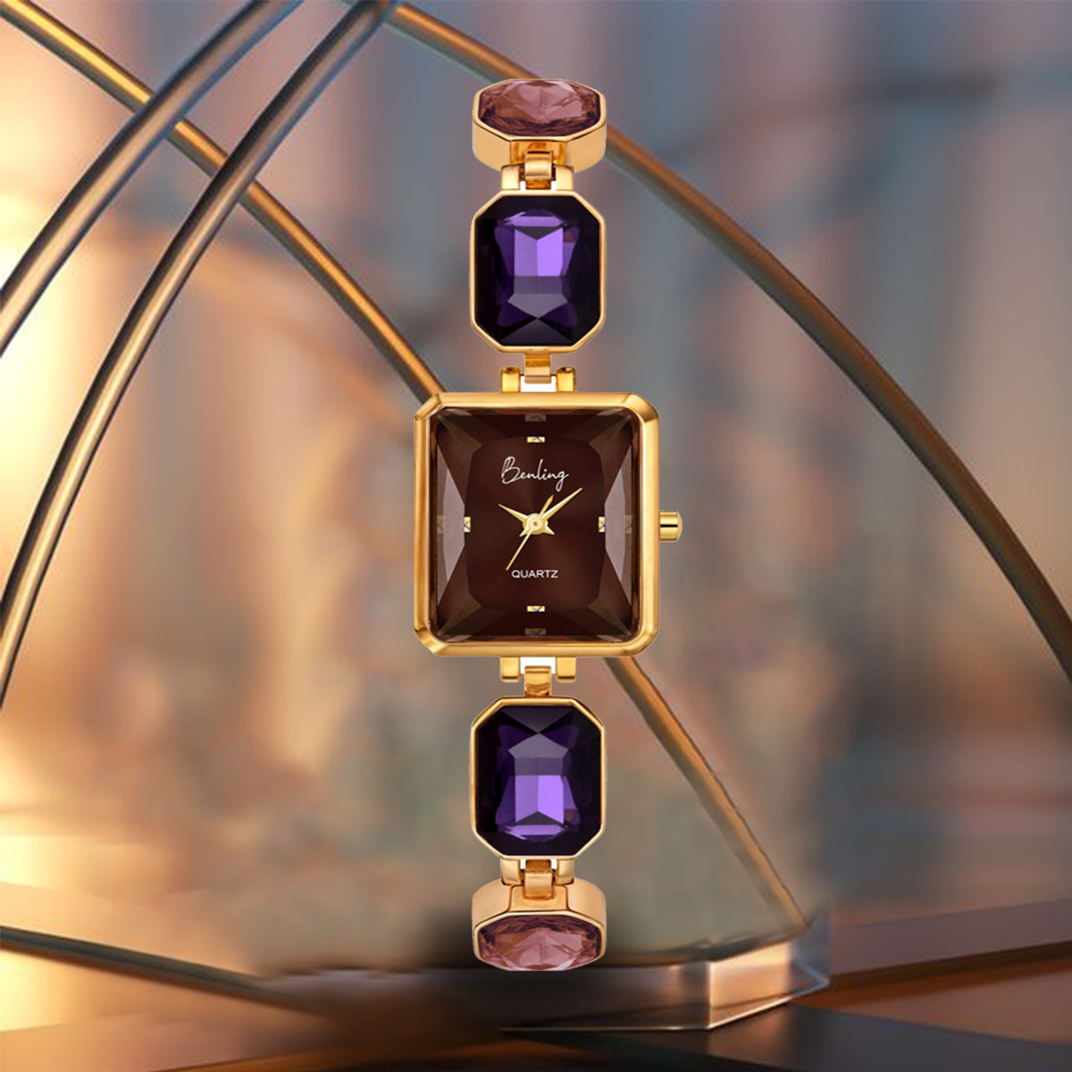 Benling Square Gemstone Dial Watch - Luxurious Wrist Watch for Women