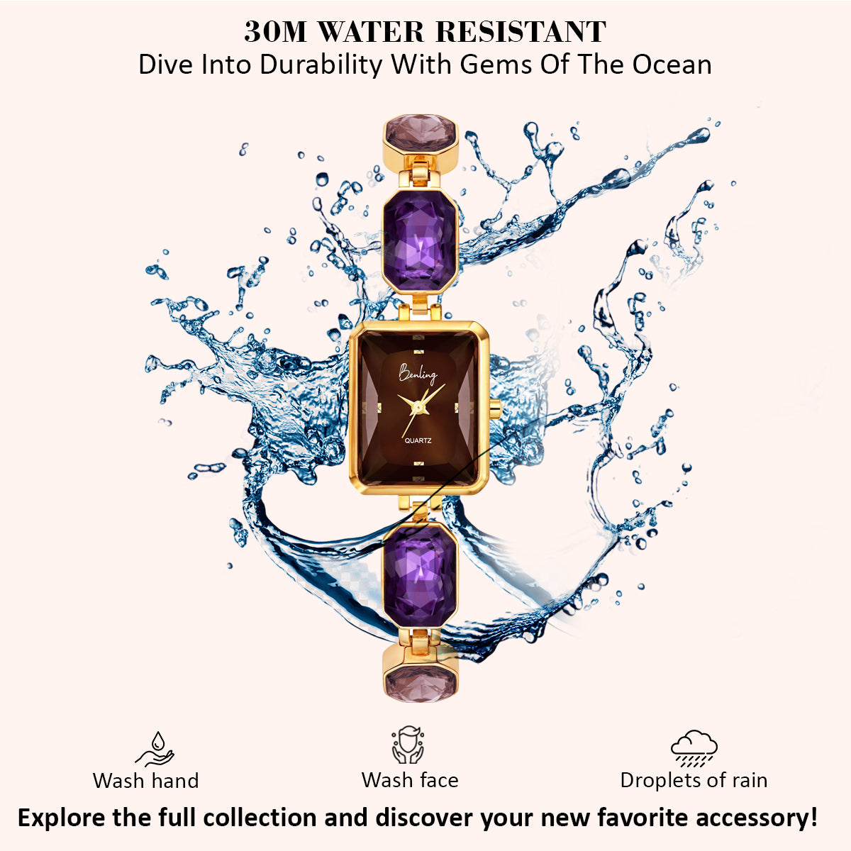 Benling Square Gemstone Dial Watch - Luxurious Wrist Watch for Women