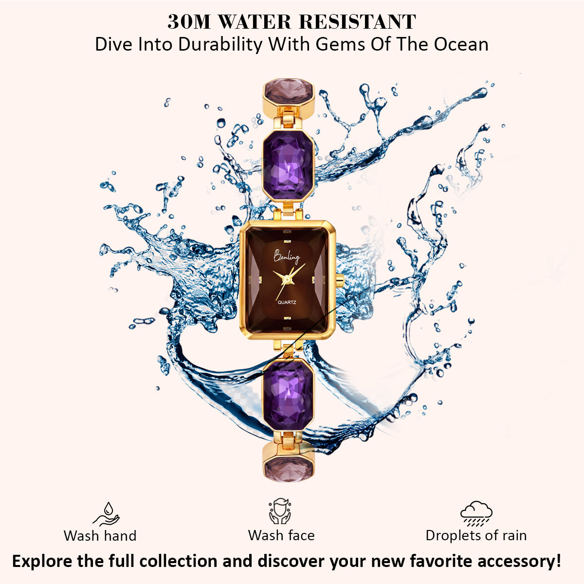 Benling Square Gemstone Dial Watch - Gift Set with Pearl Box and Bracelet