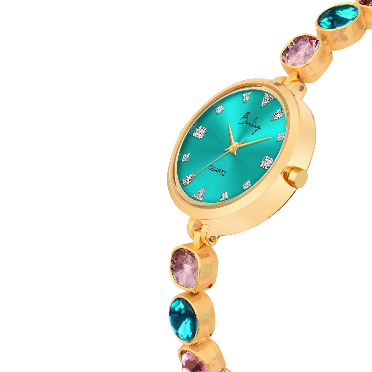 Benling Crystal-Studded Quartz Watch for Women – Luxury Design with Sparkling Stones - - with Pearl Box and Bracelet Benling