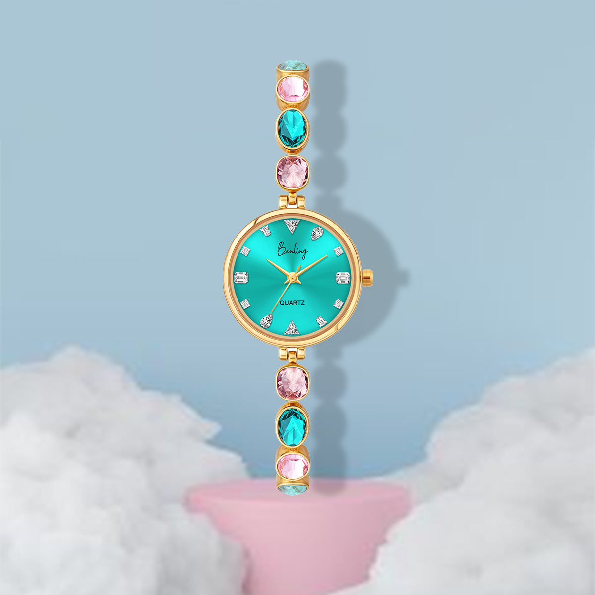 Benling Crystal-Studded Quartz Watch for Women – Luxury Design with Sparkling Stones - - with Pearl Box and Bracelet Benling