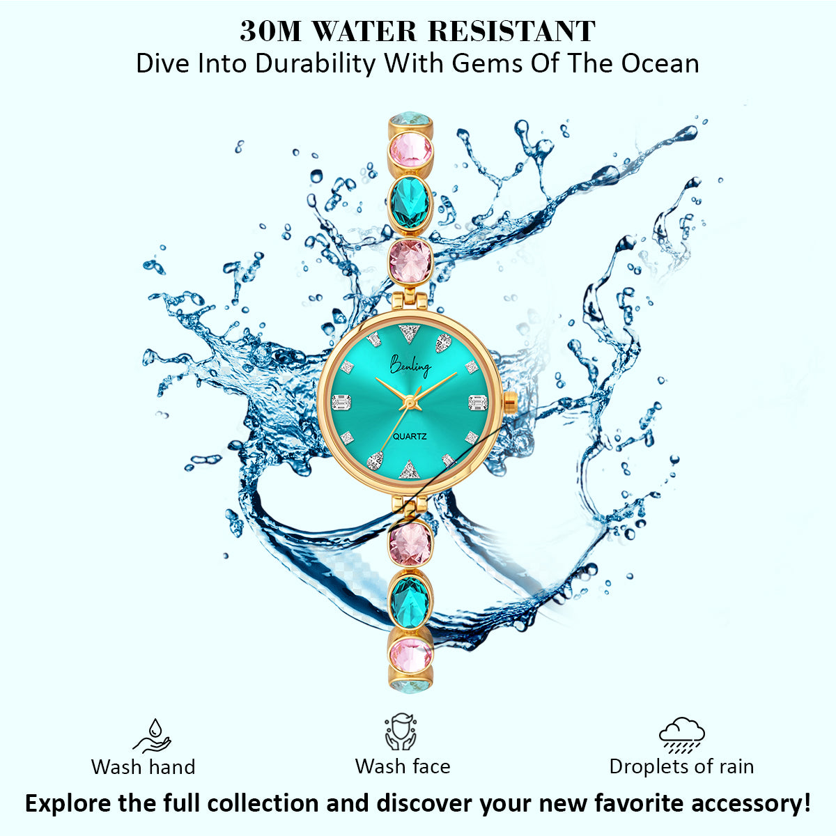 Benling Crystal-Studded Quartz Watch for Women – Luxury Design with Sparkling Stones - - with Pearl Box and Bracelet Benling