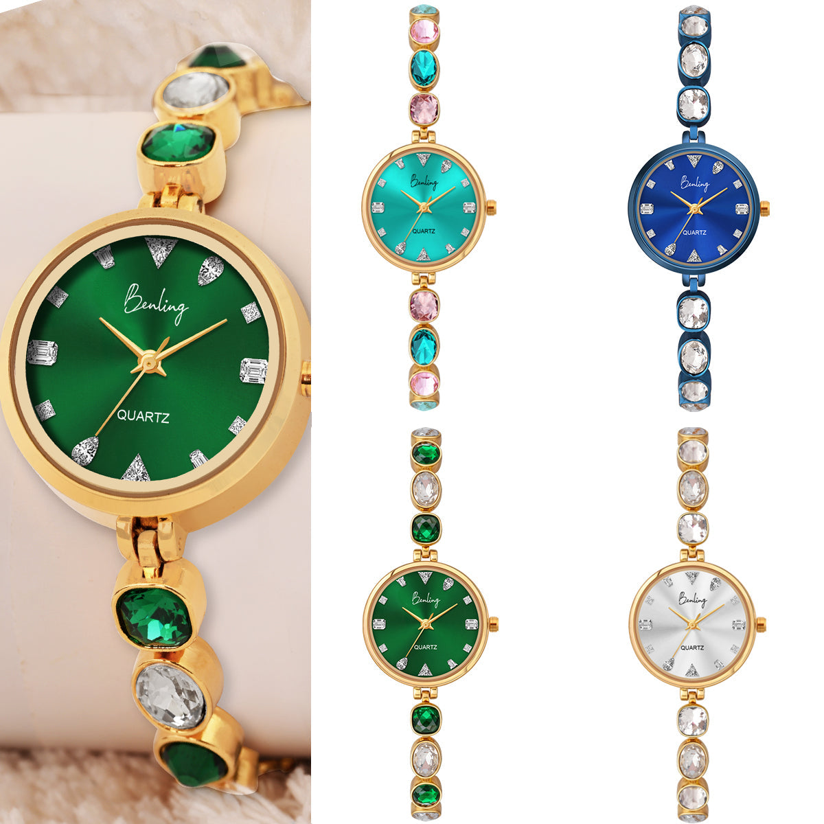 Benling Crystal-Studded Quartz Watch for Women – Luxury Design with Sparkling Stones - with Pearl Box and Bracelet