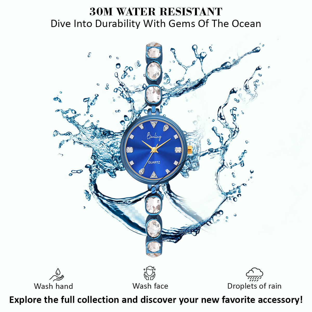 Benling Crystal-Studded Quartz Watch for Women – Luxury Design with Sparkling Stones - with Pearl Box and Bracelet