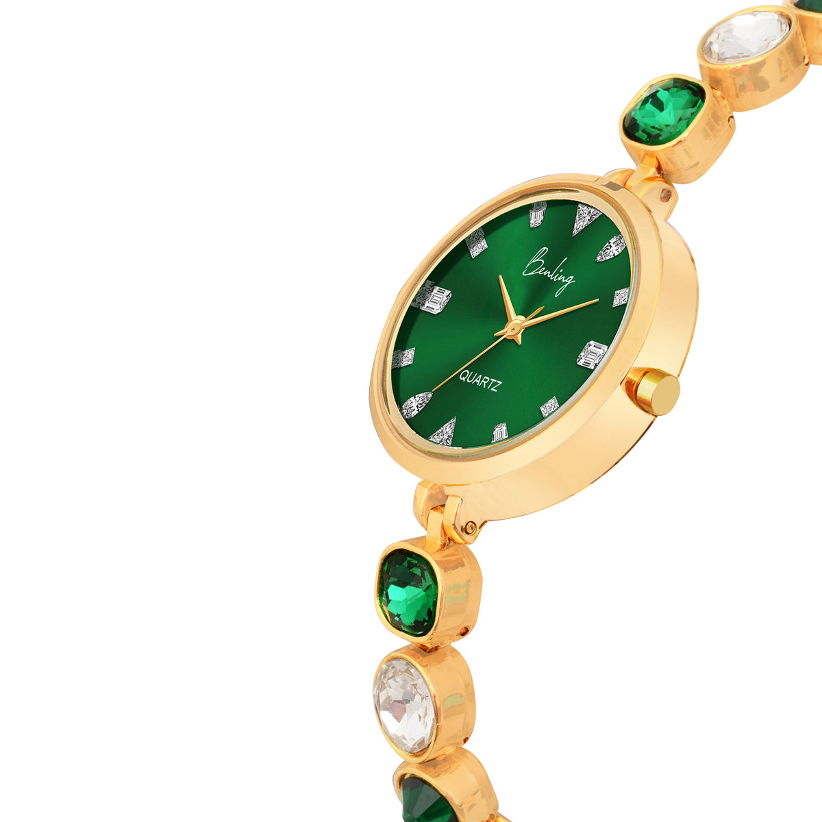 Benling Crystal-Studded Quartz Watch for Women – Luxury Design with Sparkling Stones - - with Pearl Box and Bracelet Benling
