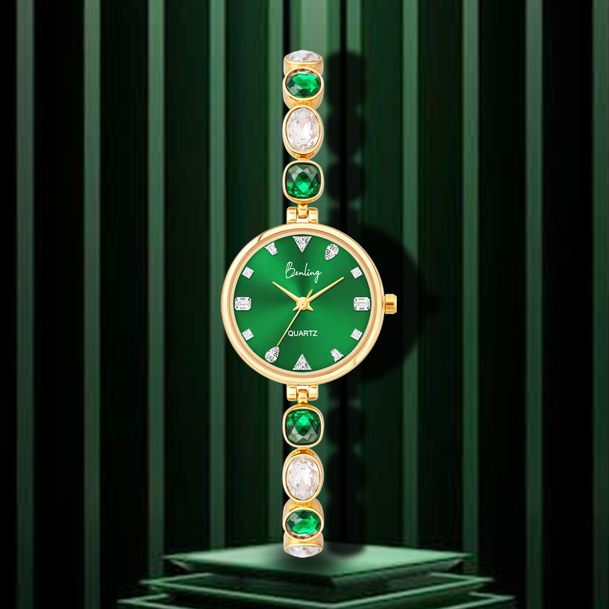Benling Crystal-Studded Quartz Watch for Women – Luxury Design with Sparkling Stones - - with Pearl Box and Bracelet Benling