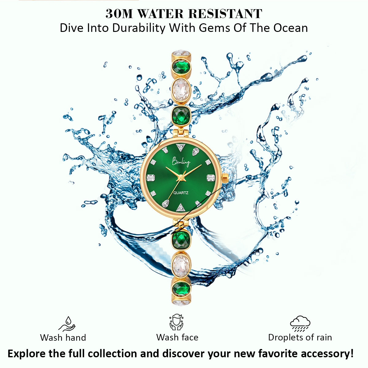 Benling Crystal-Studded Quartz Watch for Women – Luxury Design with Sparkling Stones - - with Pearl Box and Bracelet Benling