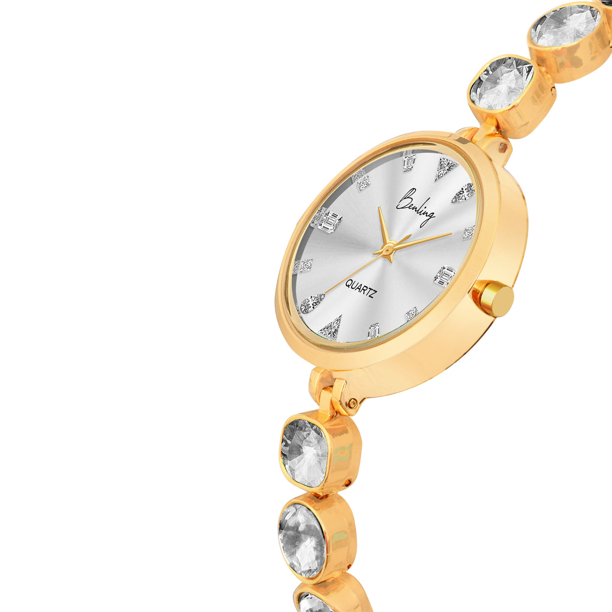 Benling Crystal-Studded Quartz Watch for Women – Luxury Design with Sparkling Stones - - with Pearl Box and Bracelet Benling