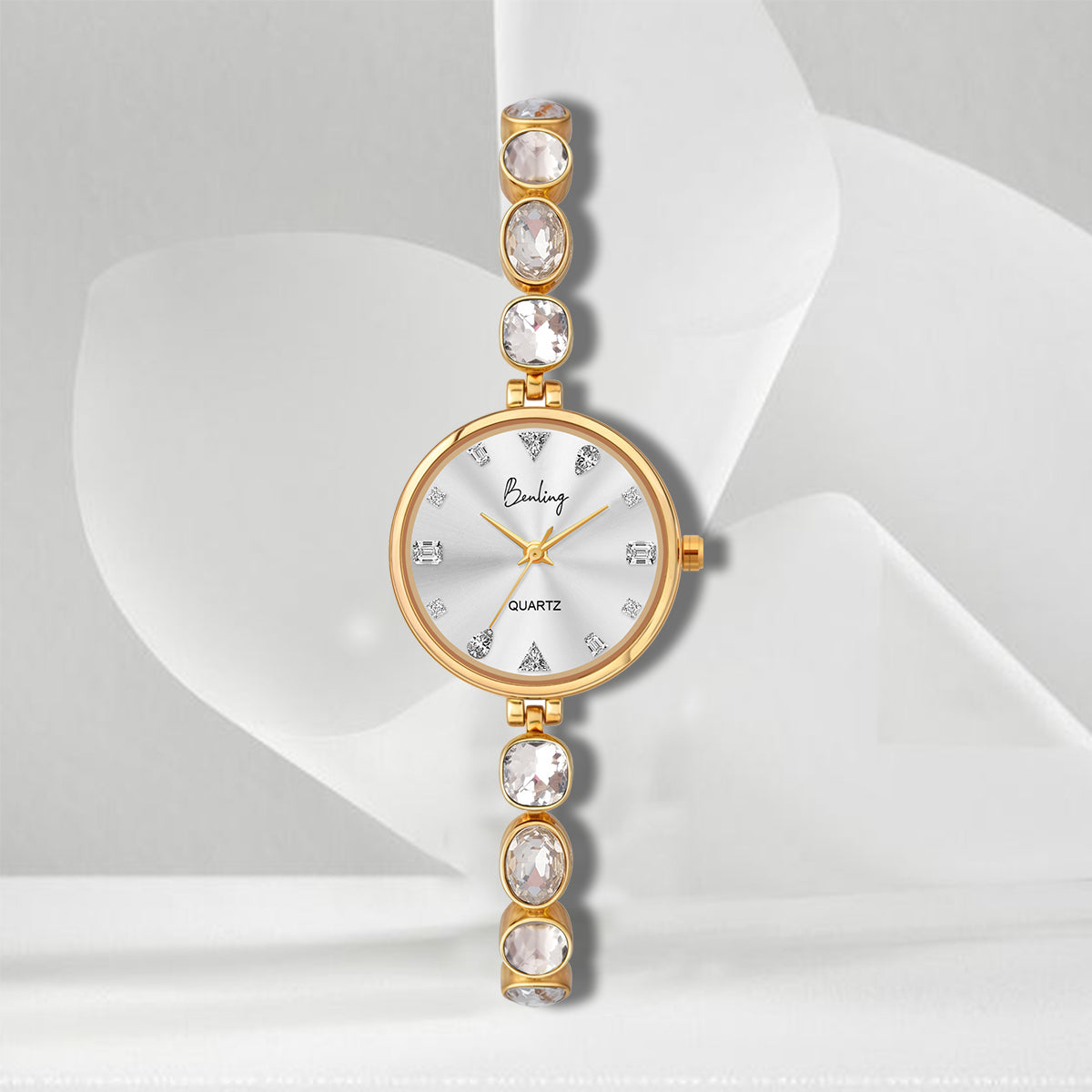 Benling Crystal-Studded Quartz Watch for Women – Luxury Design with Sparkling Stones - - with Pearl Box and Bracelet Benling