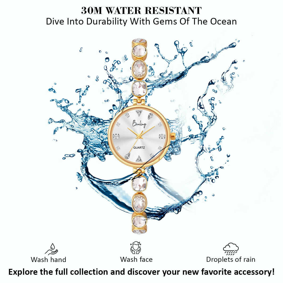Benling Crystal-Studded Quartz Watch for Women – Luxury Design with Sparkling Stones - - with Pearl Box and Bracelet Benling