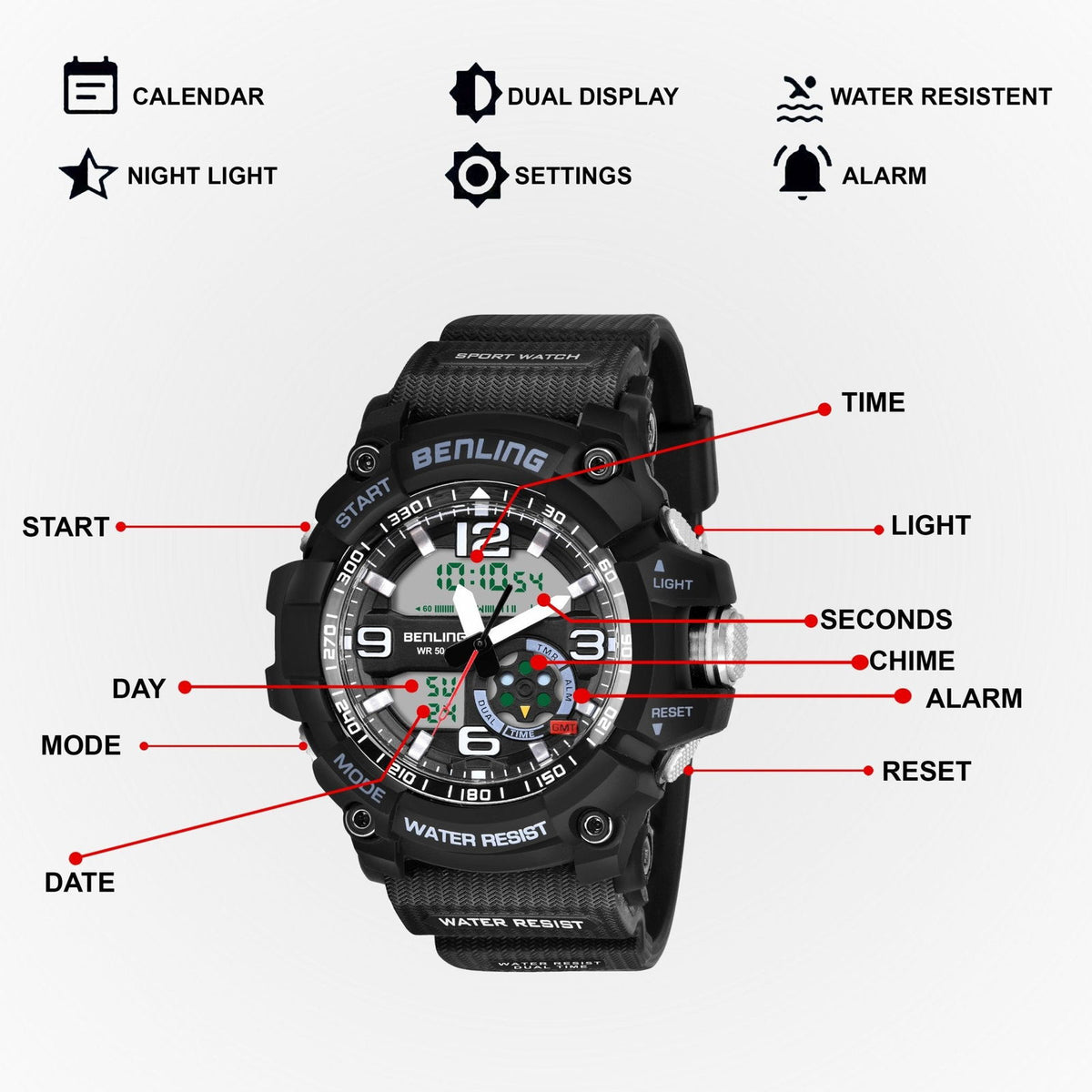 Benling Analog Digital Watch with EL Backlight – SKBLANDG-6006 - Benling