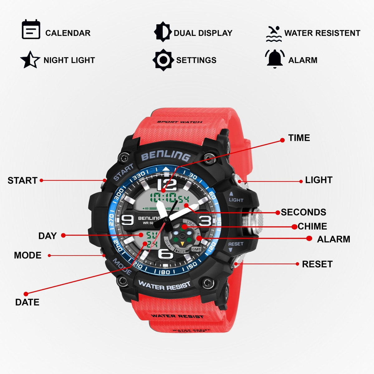 Benling Analog Digital Watch with EL Backlight – SKBLANDG-6006 - Benling