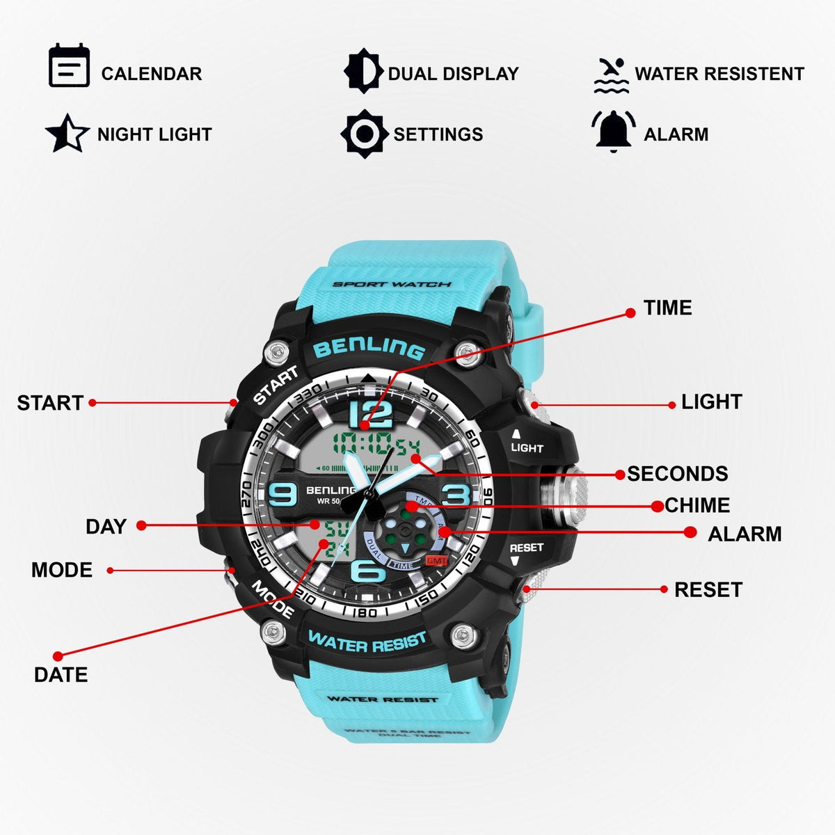 Benling Analog Digital Watch with EL Backlight – SKBLANDG-6006 - Benling