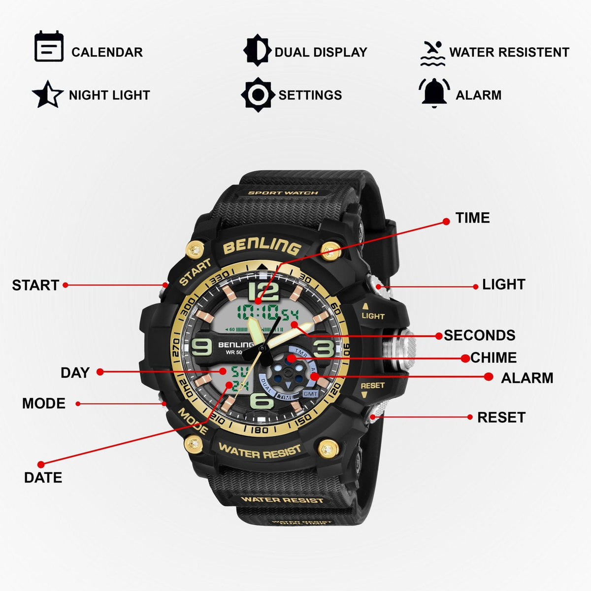 Benling Analog Digital Watch with EL Backlight – SKBLANDG-6006 - Benling