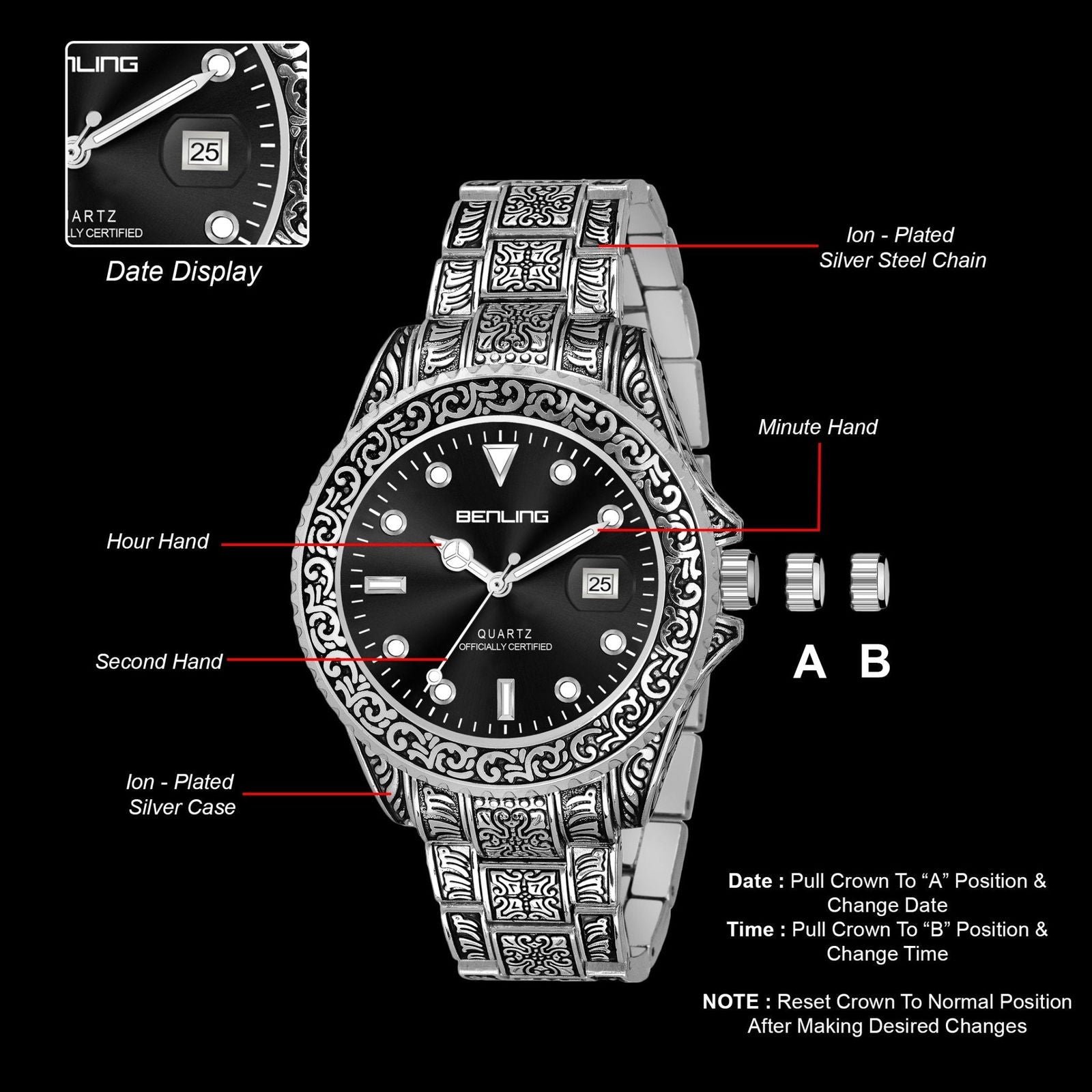 Benling BL-1019 Antique-Style Men's Watch with Date Display.