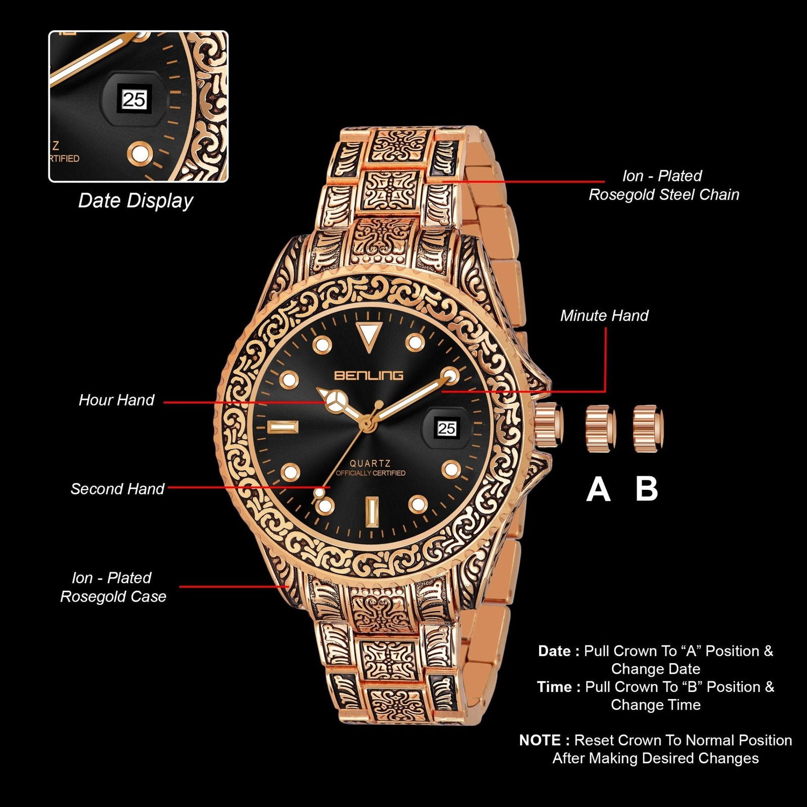 Benling BL-1019 Antique-Style Men's Watch with Date Display.