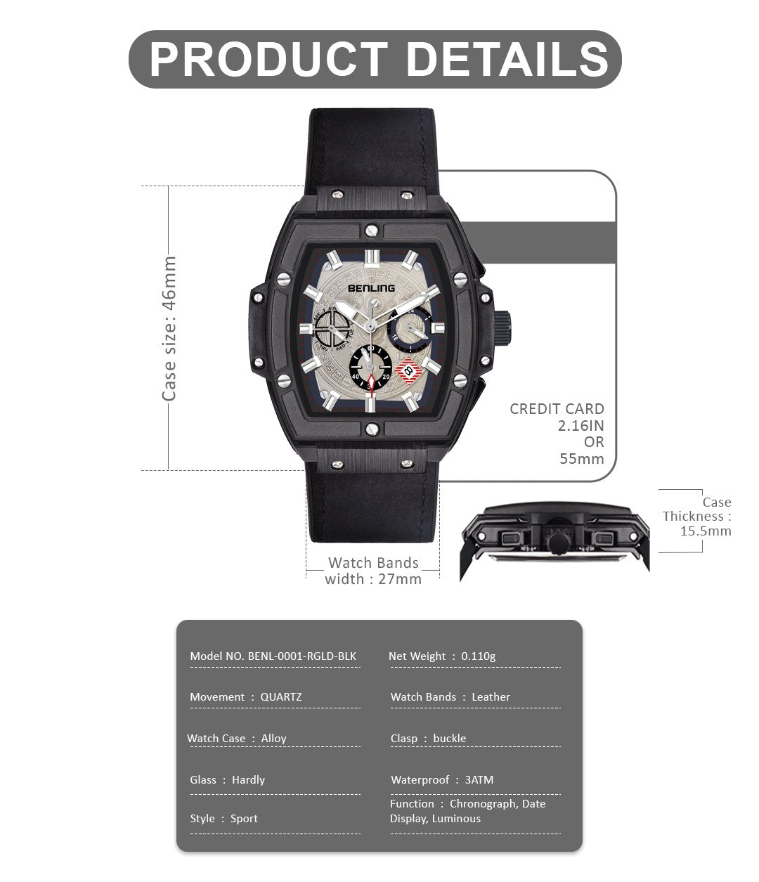 Benling Big Bang Series Multifunctional Square Shaped Steel Dial with Date Display Automatic Watch