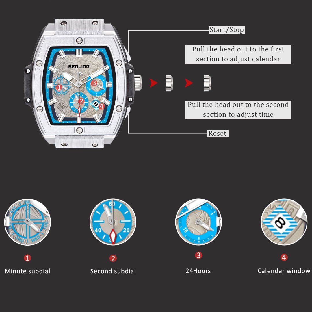 Benling Big Bang Series Multifunctional Square Shaped Steel Dial with Date Display Automatic Watch