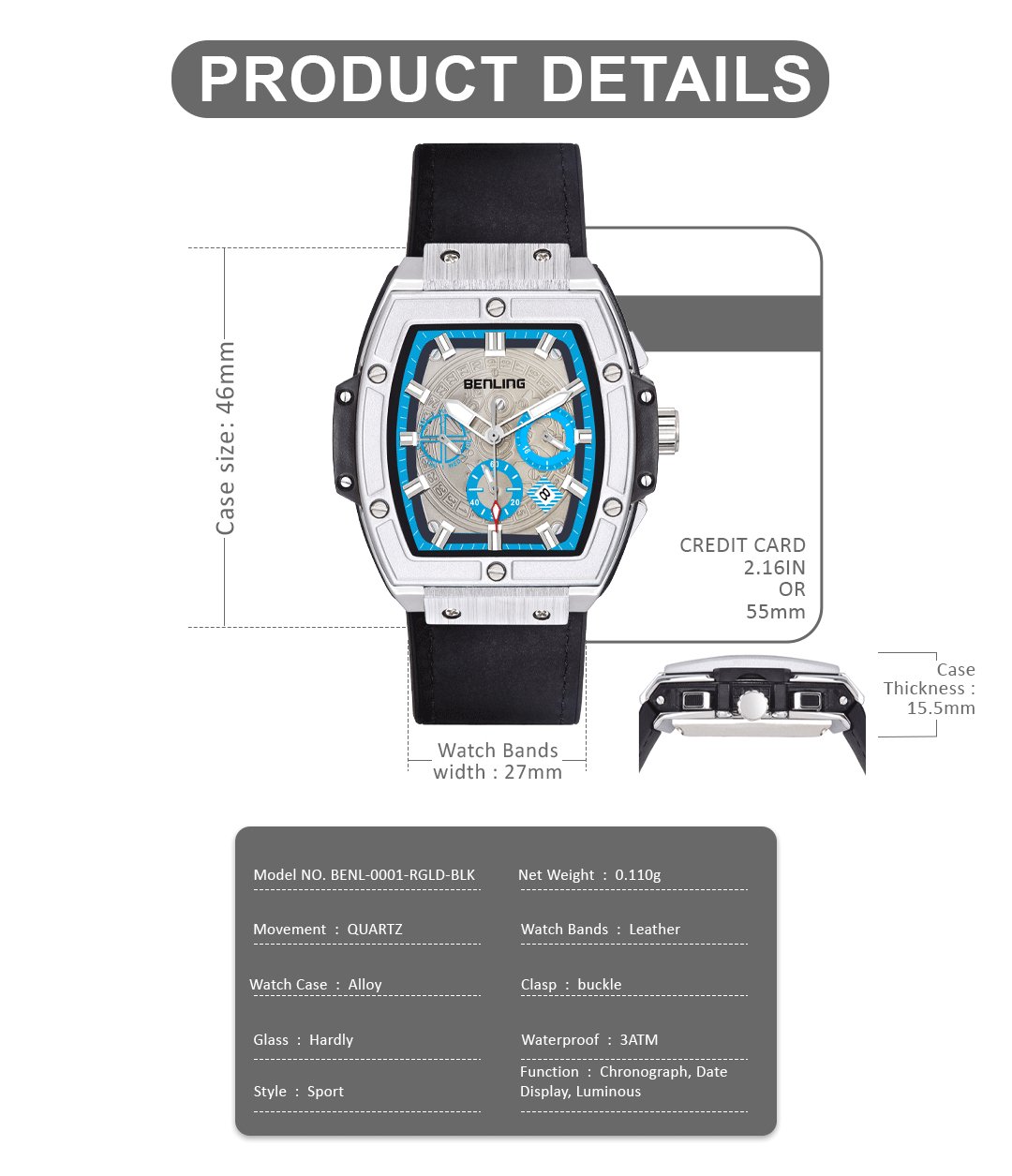 Benling Big Bang Series Multifunctional Square Shaped Steel Dial with Date Display Automatic Watch