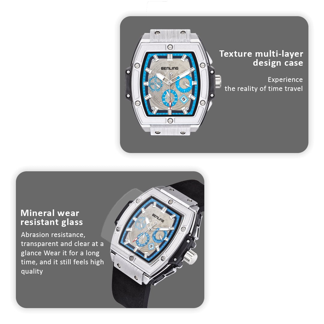 Benling Big Bang Series Multifunctional Square Shaped Steel Dial with Date Display Automatic Watch