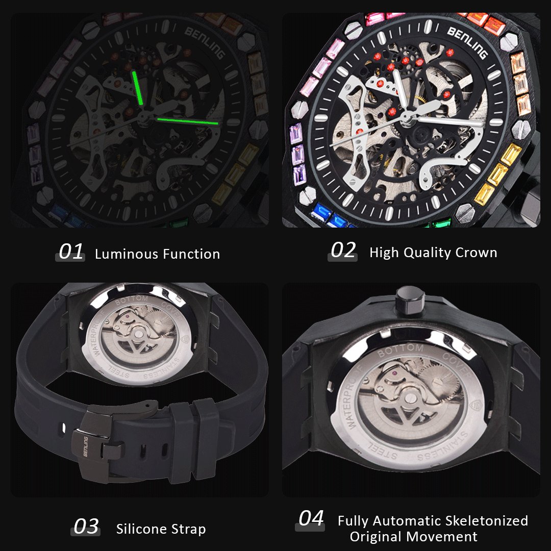 Benling DISCOVERY SERIES' Skeleton Automatic Dial Luxury Watch with Magnificent Diamond