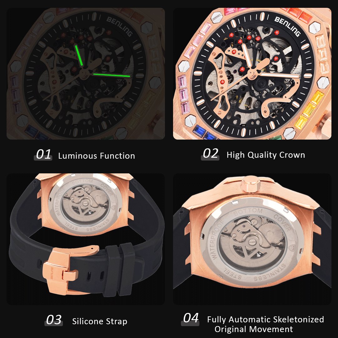 Benling DISCOVERY SERIES' Skeleton Automatic Dial Luxury Watch with Magnificent Diamond