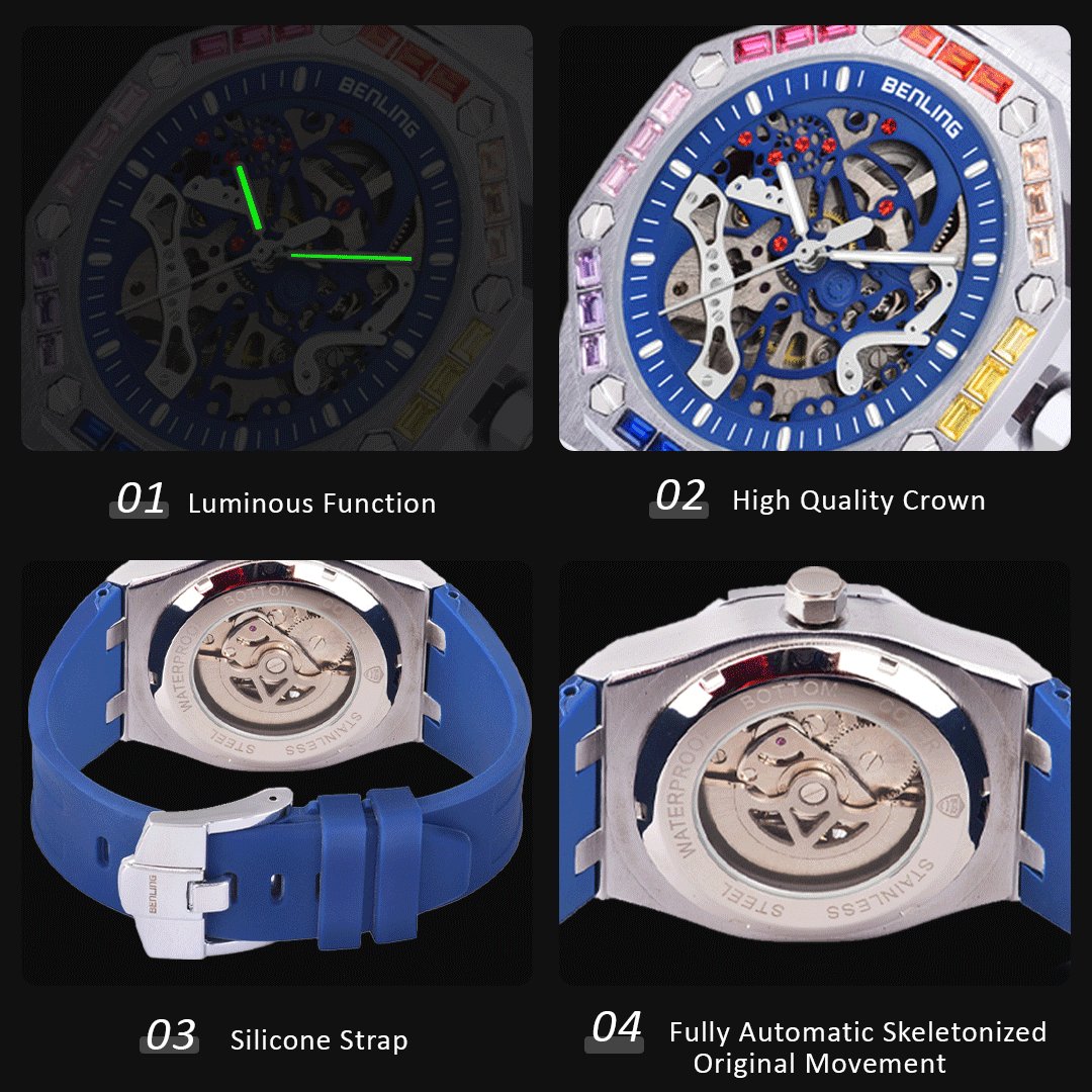 Benling DISCOVERY SERIES' Skeleton Automatic Dial Luxury Watch with Magnificent Diamond