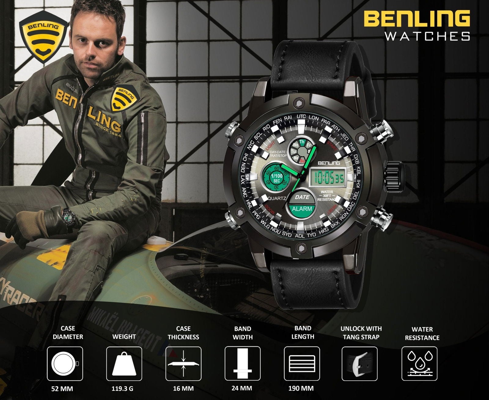 Men's analog watch with backlight outlet