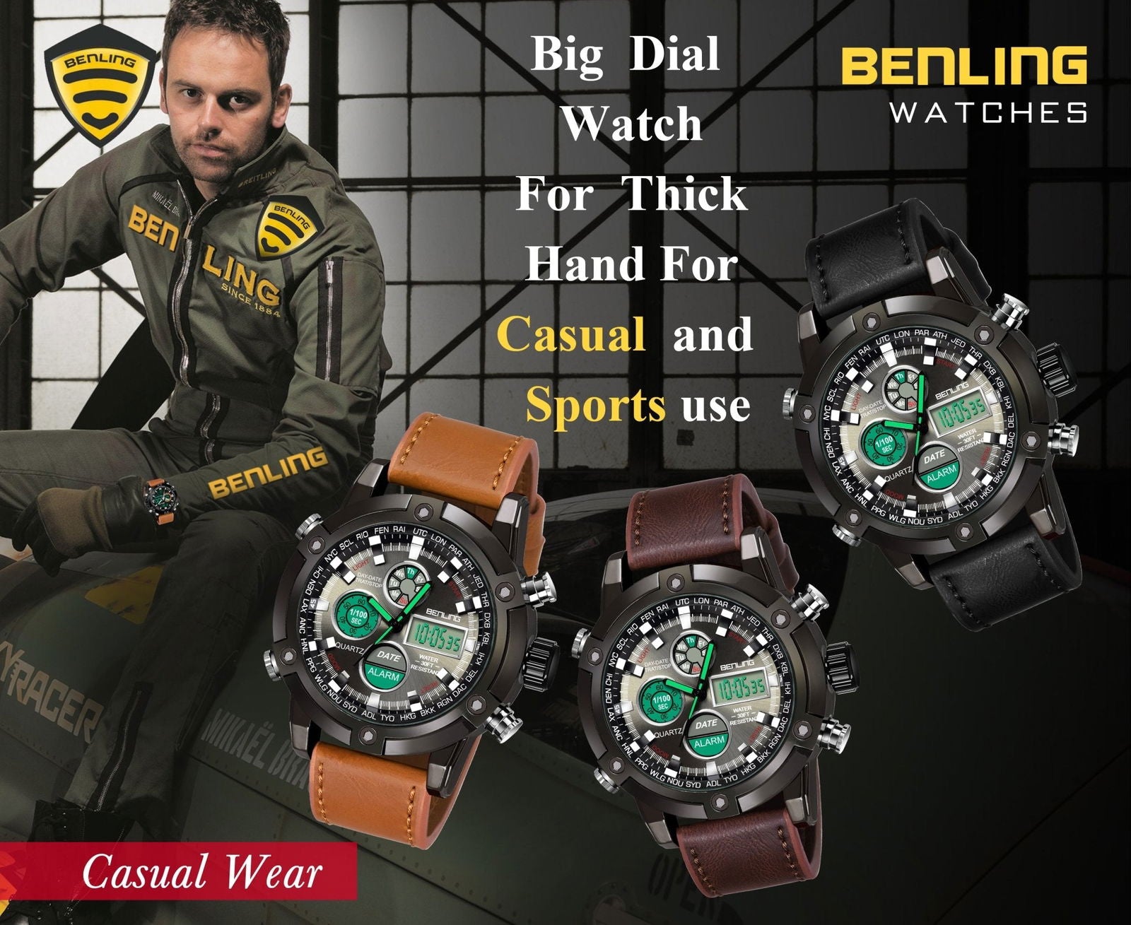 Benling Men’s Stylish and Functional Analog Digital Watch with EL Backlight – BENLING BL-1005