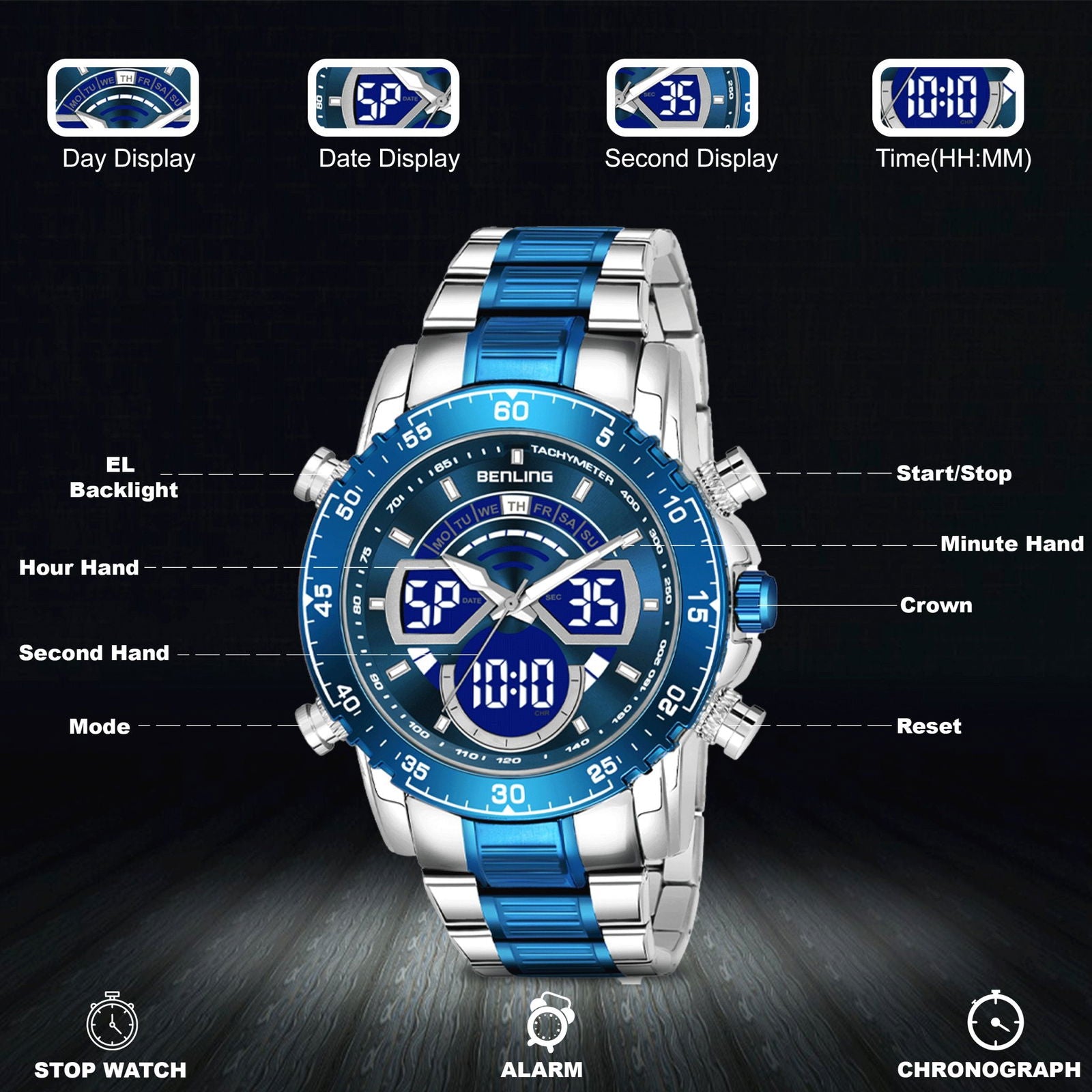 Benling Stylish Analog Digital Watch with EL Backlight – BENLING BL-1034