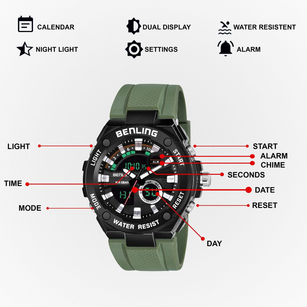 Benling Versatile Analog Digital Watch with EL Backlight-SKBLANDG-6004 - Benling