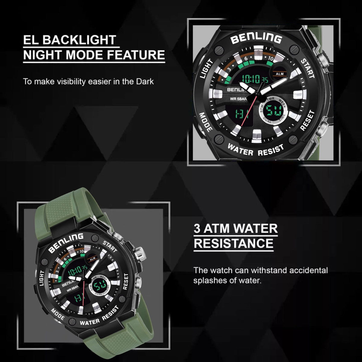Benling Versatile Analog Digital Watch with EL Backlight-SKBLANDG-6004 - Benling
