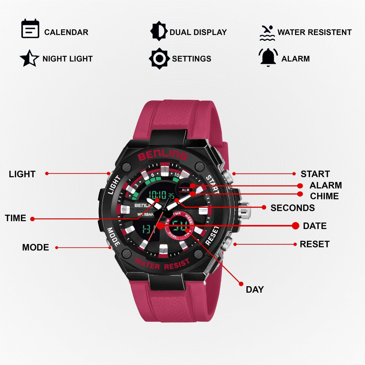 Benling Versatile Analog Digital Watch with EL Backlight-SKBLANDG-6004 - Benling