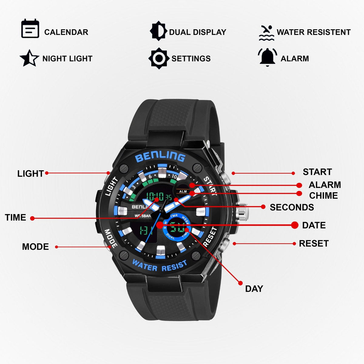 Benling Versatile Analog Digital Watch with EL Backlight-SKBLANDG-6004 - Benling