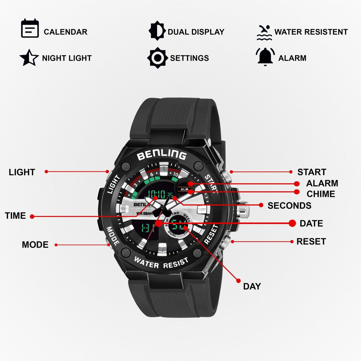 Benling Versatile Analog Digital Watch with EL Backlight-SKBLANDG-6004 - Benling